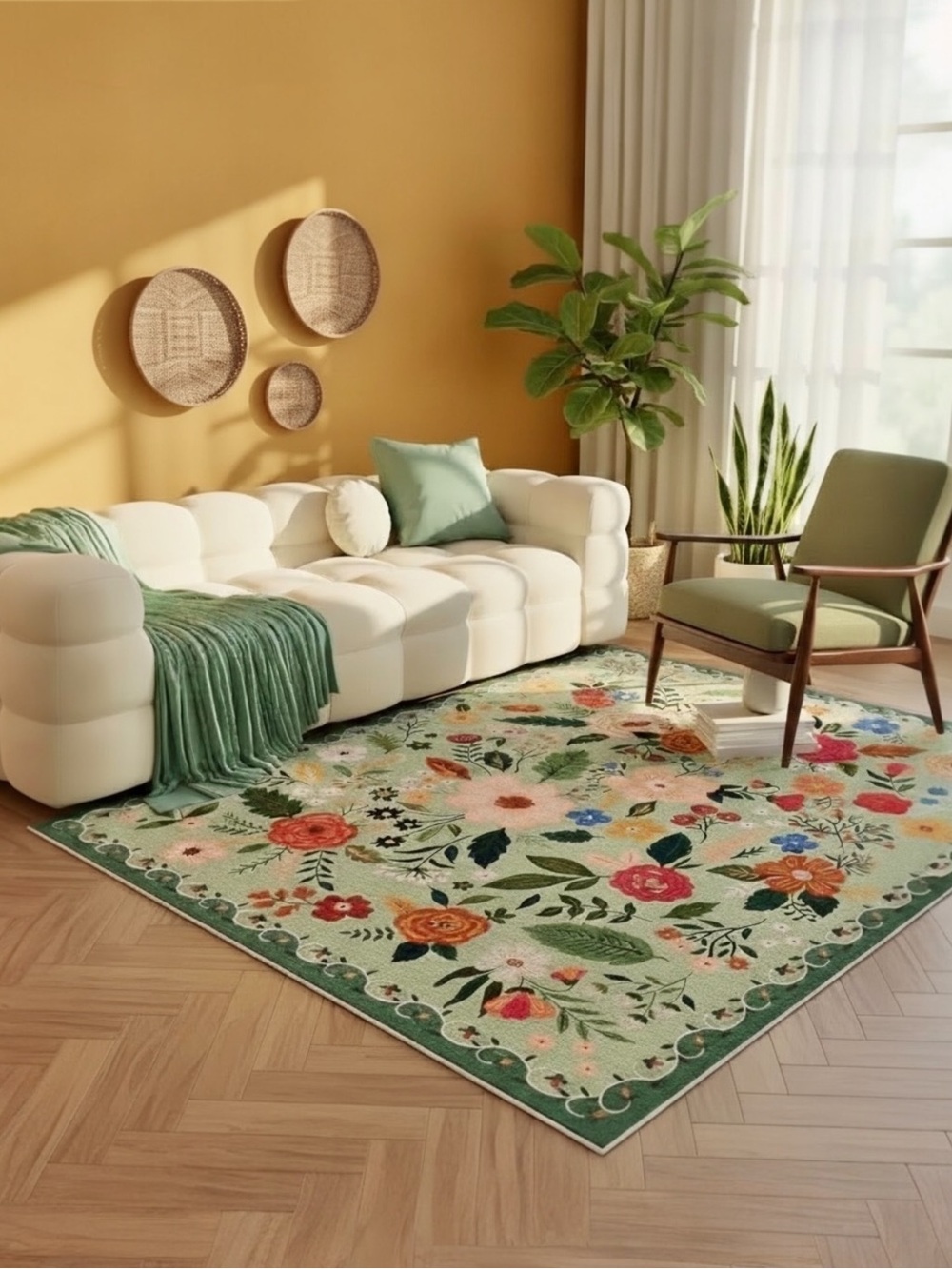 NEW Anthropologie Green Floral Boho Vintage Multicolor Area Rug Carpet 5' x 7'